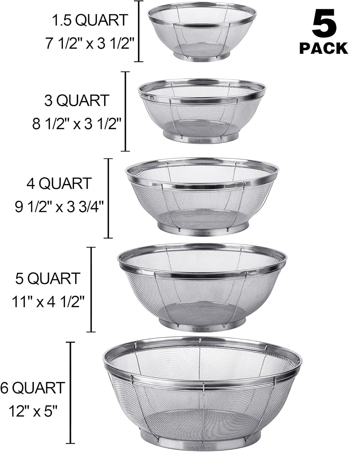 4-Piece Stainless Steel Kitchen Strainer Set – Fine Mesh Colanders for Pasta, Rice & Fruit, Multi-Size Sifter Sieves