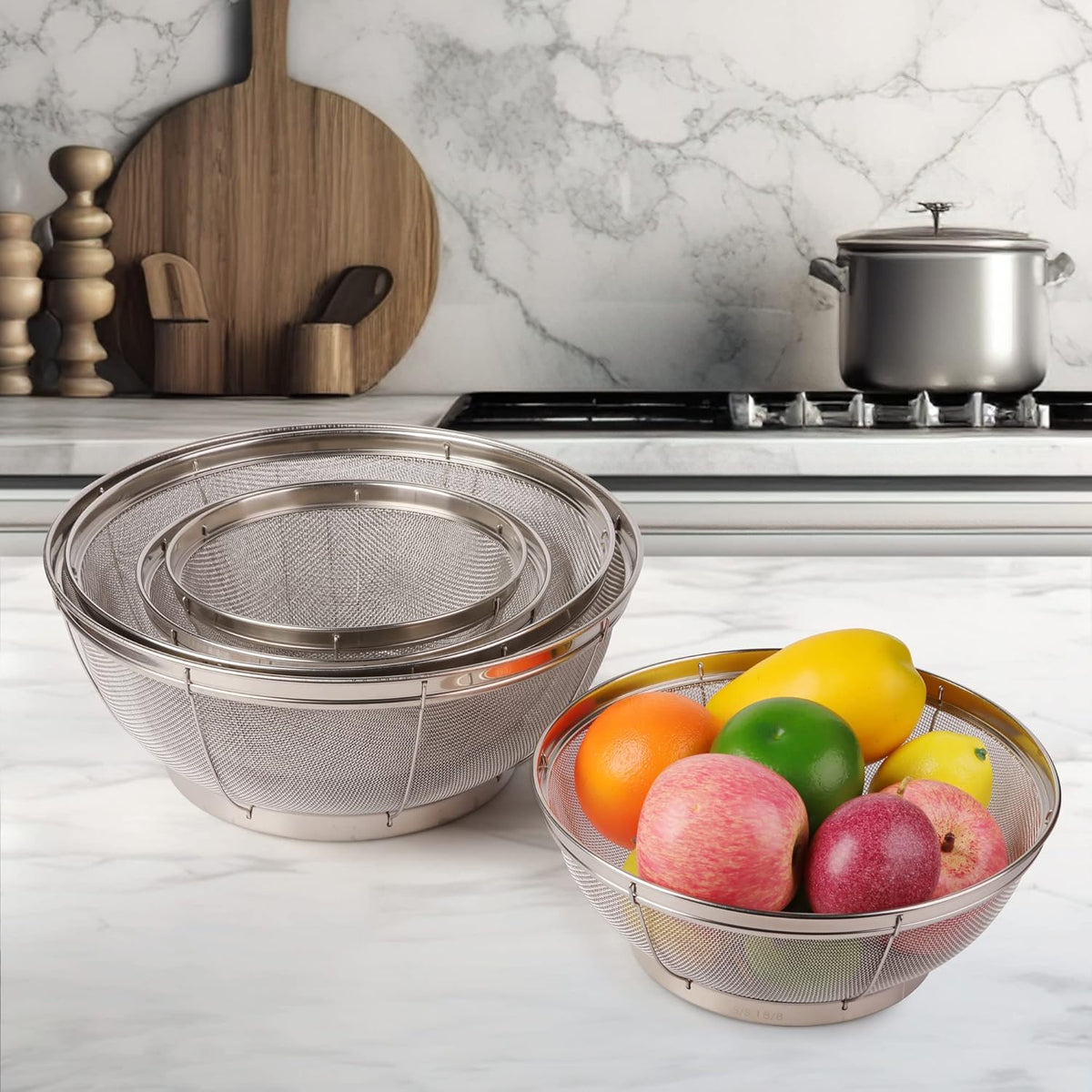 4-Piece Stainless Steel Kitchen Strainer Set – Fine Mesh Colanders for Pasta, Rice & Fruit, Multi-Size Sifter Sieves
