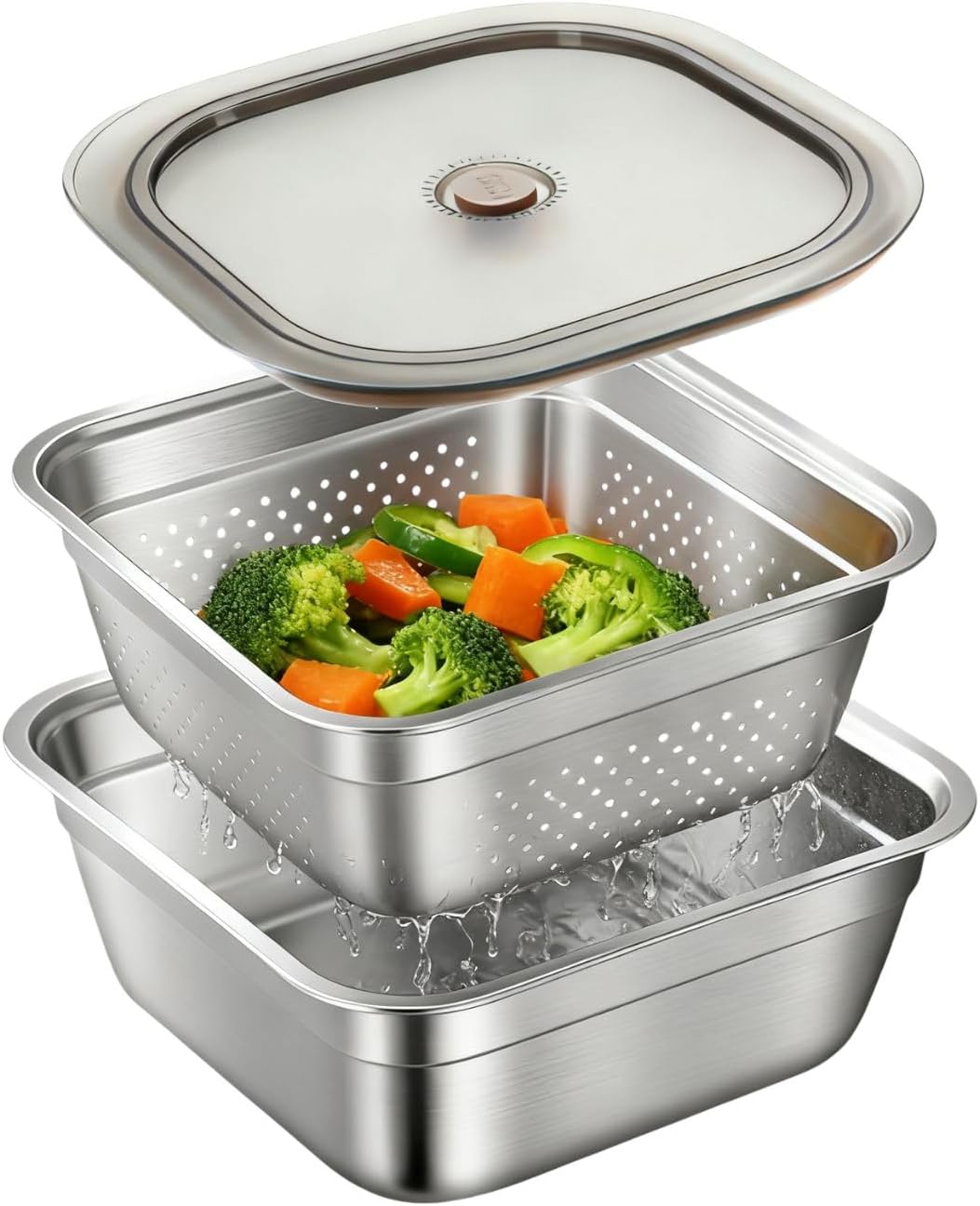 Stainless Steel Washing Up Bowl Set with Colander & Lid – Square Dish Tub for Fruit, Vegetable & Kitchen Sink Prep (11in)