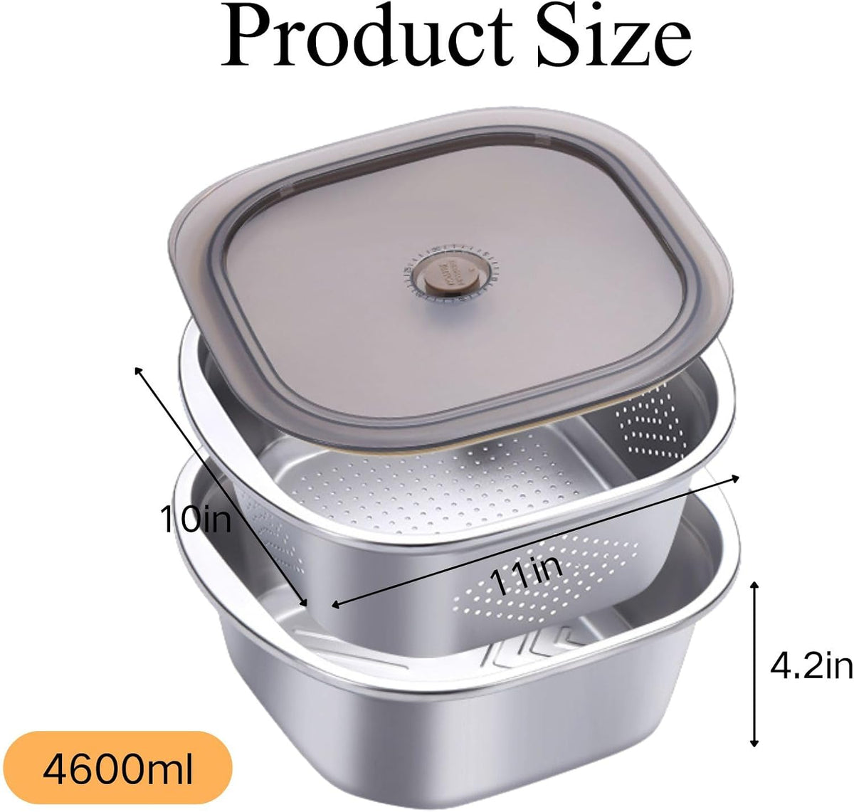 Stainless Steel Washing Up Bowl Set with Colander & Lid – Square Dish Tub for Fruit, Vegetable & Kitchen Sink Prep (11in)