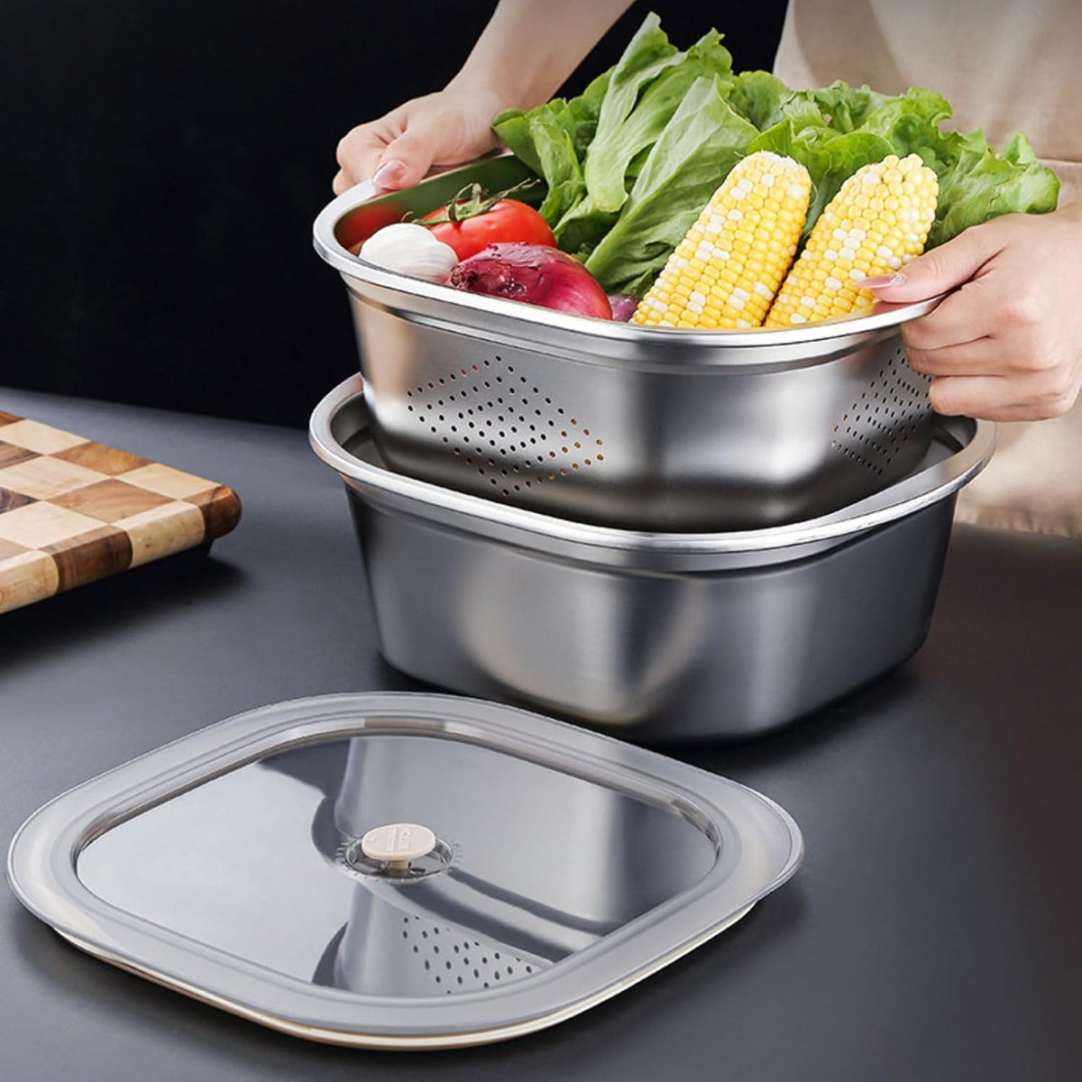 Stainless Steel Washing Up Bowl Set with Colander & Lid – Square Dish Tub for Fruit, Vegetable & Kitchen Sink Prep (11in)