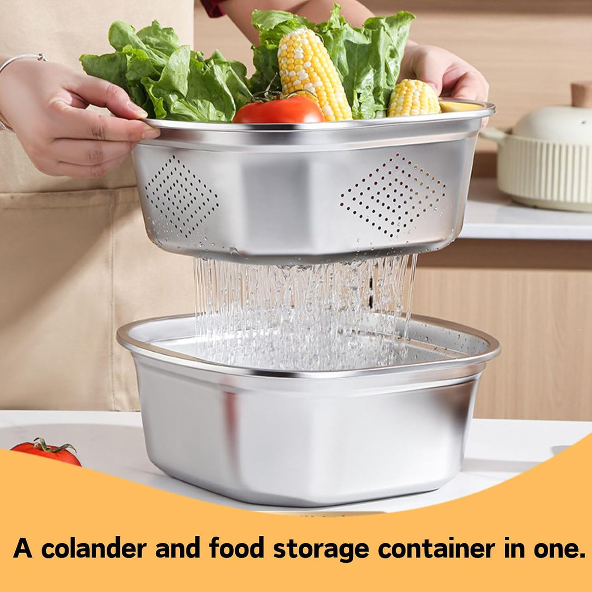 Stainless Steel Washing Up Bowl Set with Colander & Lid – Square Dish Tub for Fruit, Vegetable & Kitchen Sink Prep (11in)