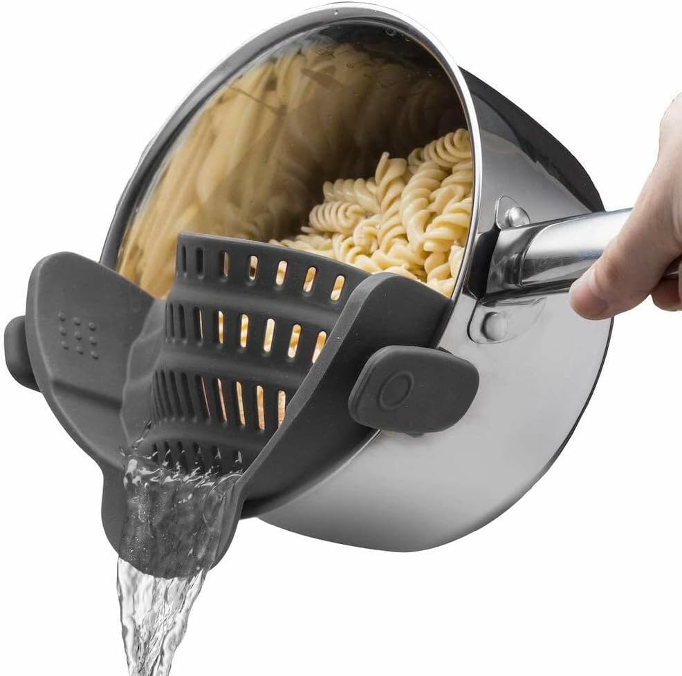Silicone Clip-On Strainer for Pots & Pans – Heat Resistant Pasta Colander Kitchen Gadget for Noodles, Meat, Fruit & Vegetables (Gray)