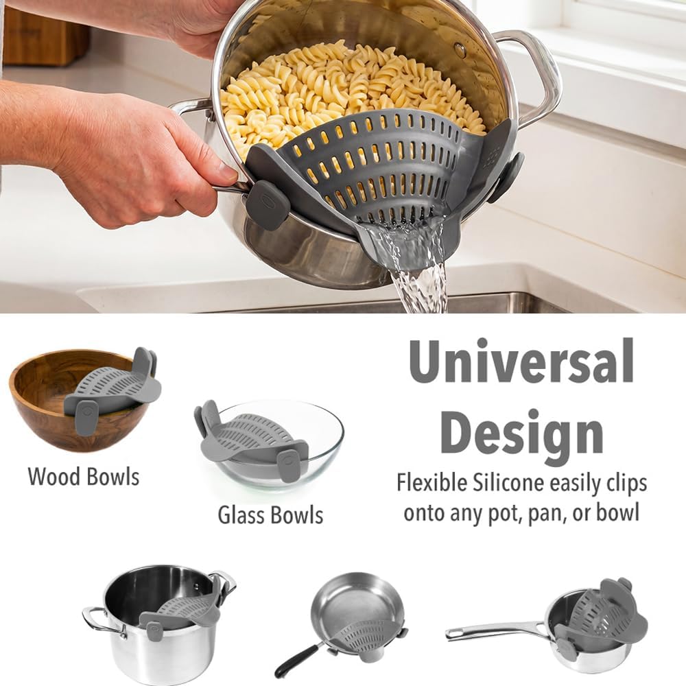 Silicone Clip-On Strainer for Pots & Pans – Heat Resistant Pasta Colander Kitchen Gadget for Noodles, Meat, Fruit & Vegetables (Gray)