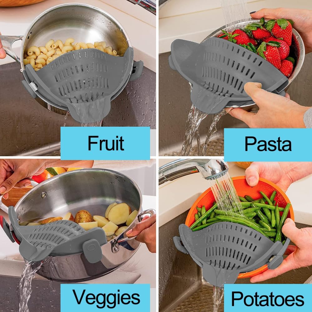 Silicone Clip-On Strainer for Pots & Pans – Heat Resistant Pasta Colander Kitchen Gadget for Noodles, Meat, Fruit & Vegetables (Gray)