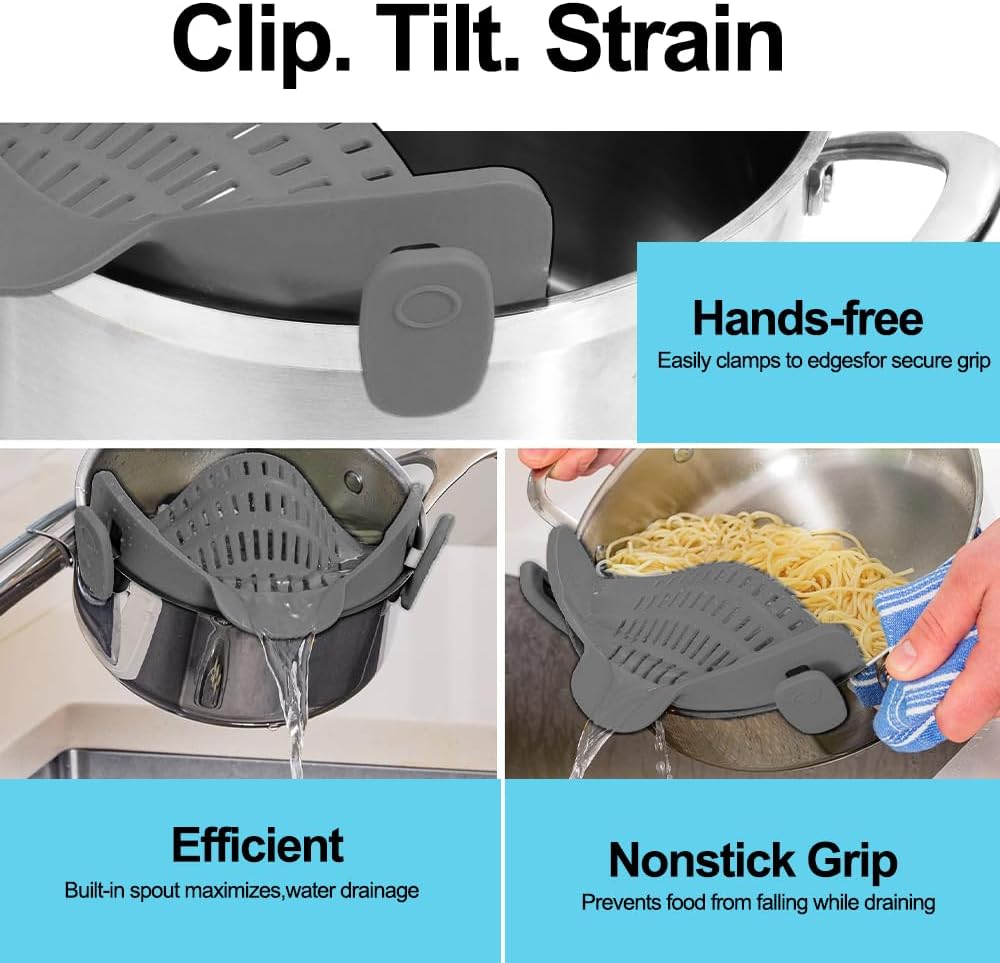 Silicone Clip-On Strainer for Pots & Pans – Heat Resistant Pasta Colander Kitchen Gadget for Noodles, Meat, Fruit & Vegetables (Gray)